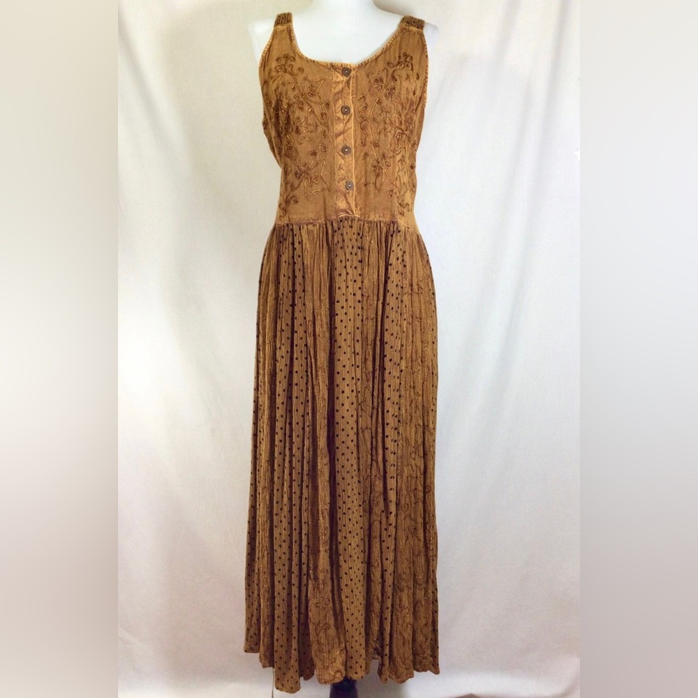 1990s Rayon Embroidered and Polka Dot Boho Dress with Tie Waist size M